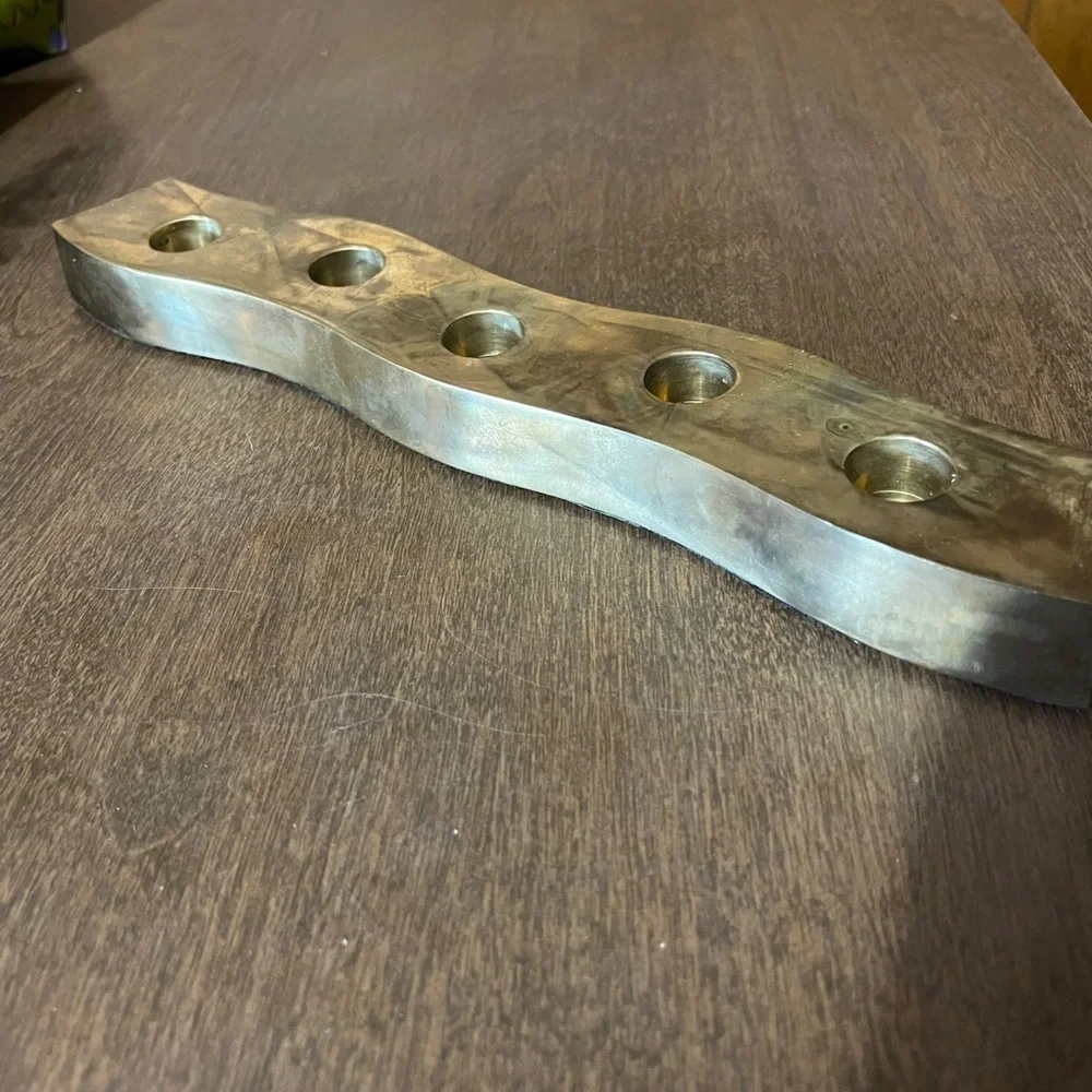 CRATE & BARREL Heavy Brass Colored Wavy Centerpiece Tapered Candle Holder 13